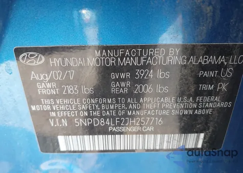 2018 Hyundai Elantra Sel z USA, uszkodzony, nr VIN 5NPD84LF2JH257716